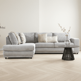 Hoekbank lichtgrijs ribstof plofbank Gabi - links