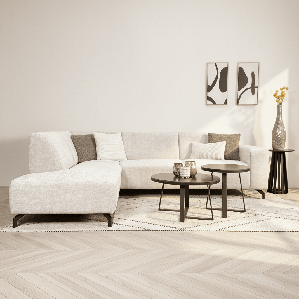 Corner sofa with chaise longue in beige chenille fabric Manon - left 