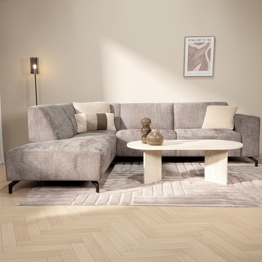 Corner sofa with chaise longue in taupe chenille fabric Manon - left 