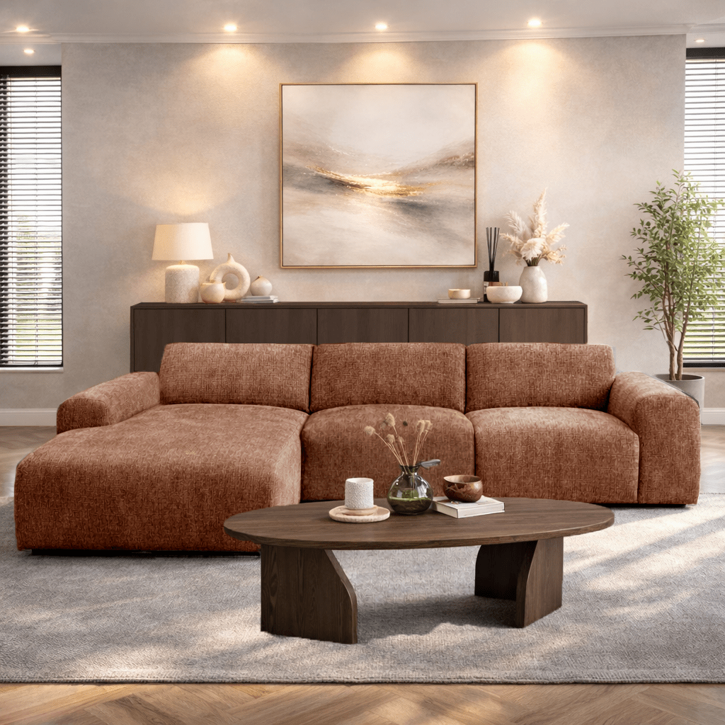 Corner sofa with chaise longue in copper chenille fabric Shane – left