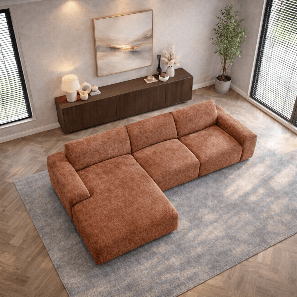 Corner sofa with chaise longue in copper chenille fabric Shane – left