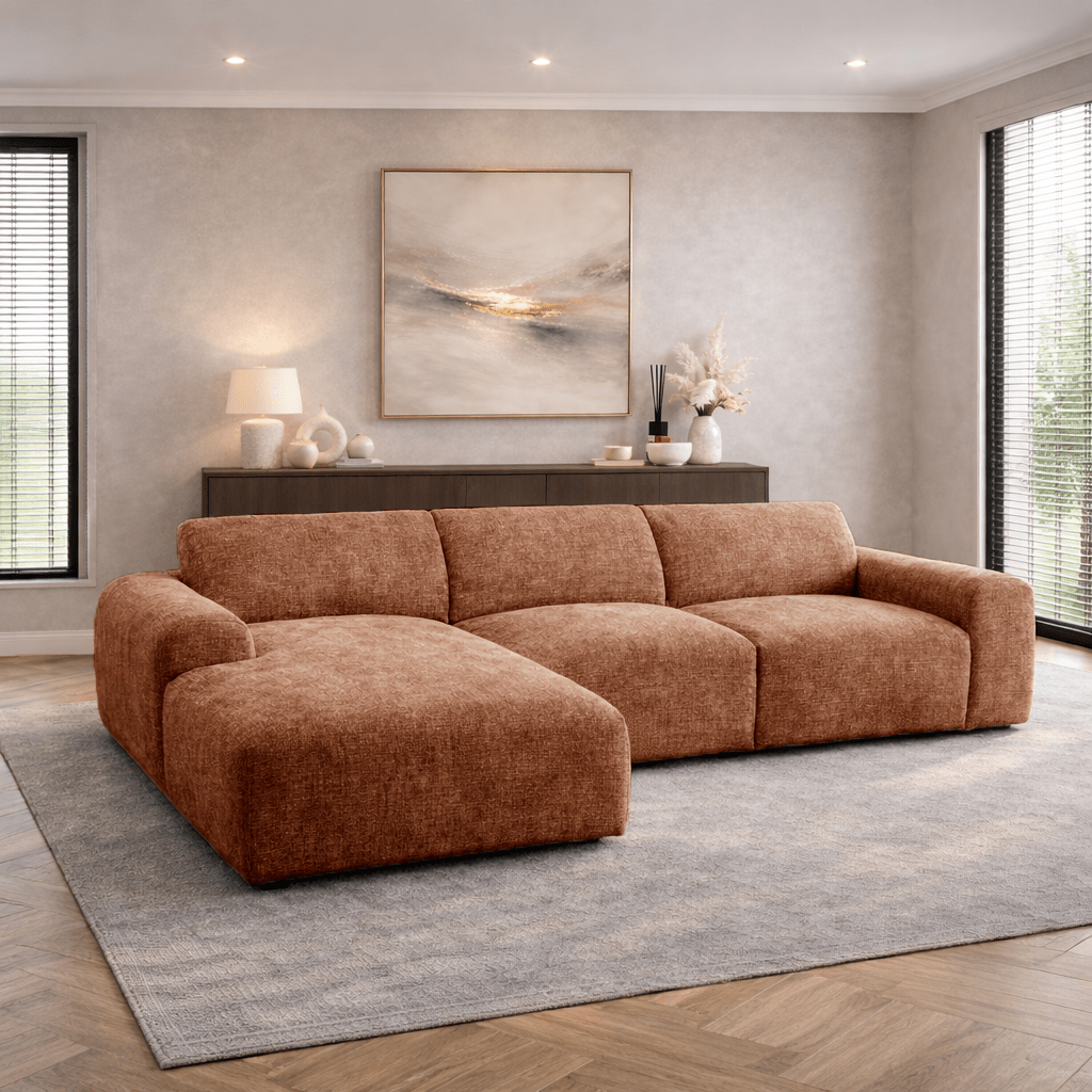Corner sofa with chaise longue in copper chenille fabric Shane – left