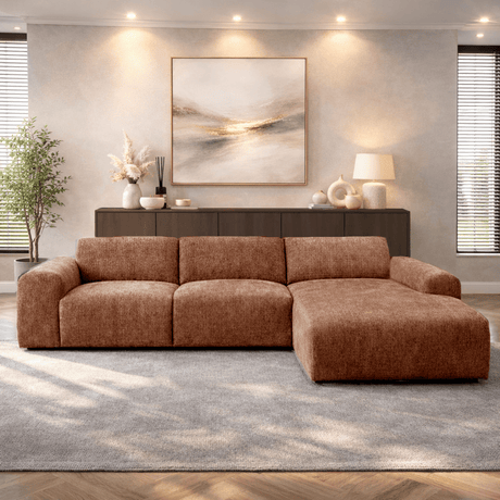 Corner sofa with chaise longue in copper chenille fabric Shane – right