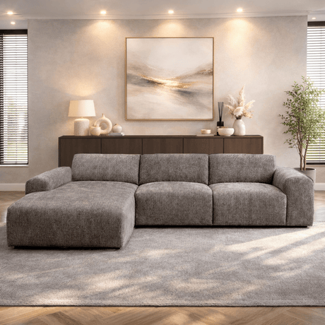 Corner sofa with chaise longue in taupe chenille fabric Shane – left