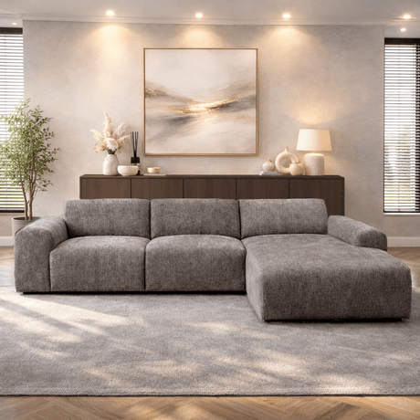 Corner sofa with chaise longue in taupe chenille fabric Shane – right