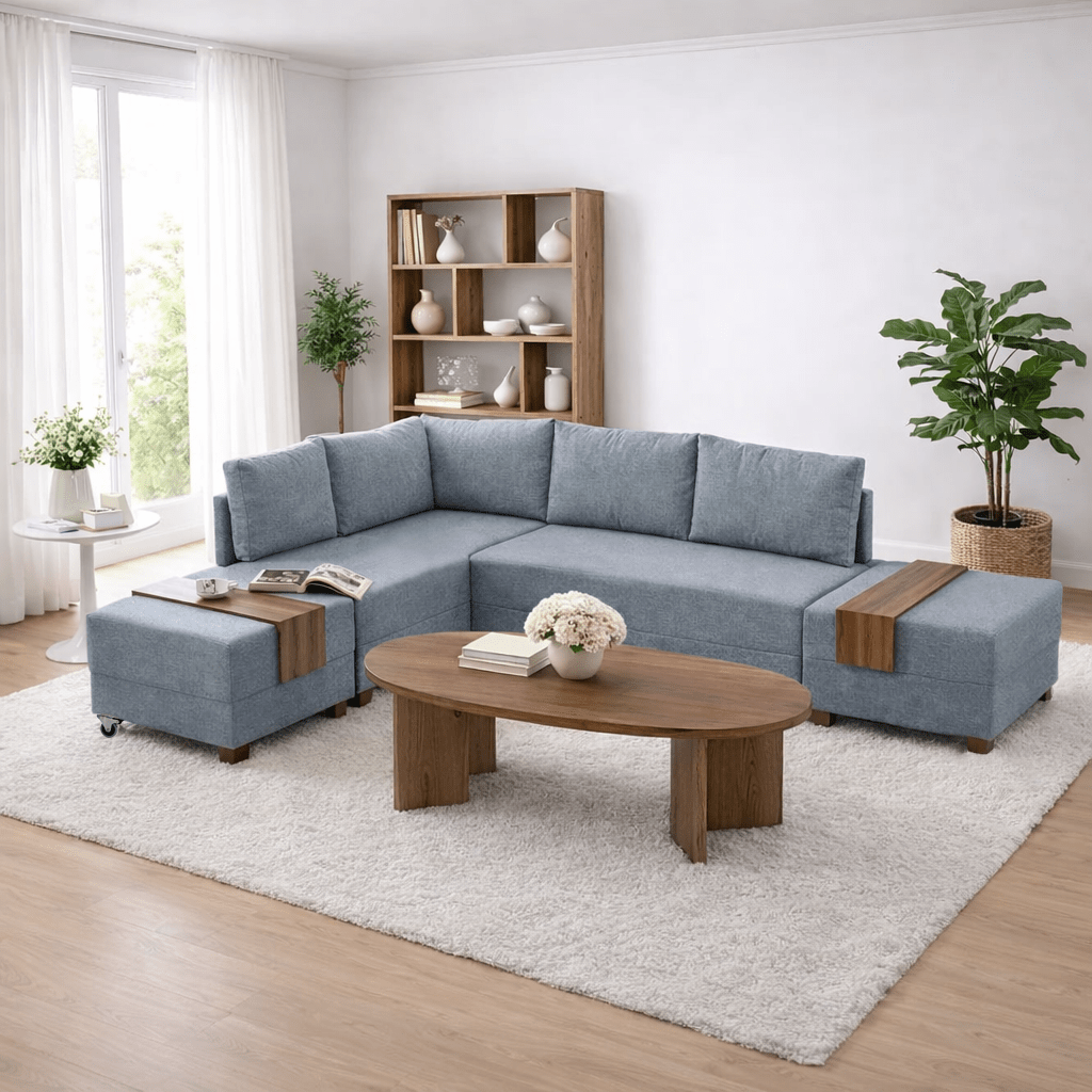 Sofa bed blue fabric - XXL 280 x 210 - Left - Fly