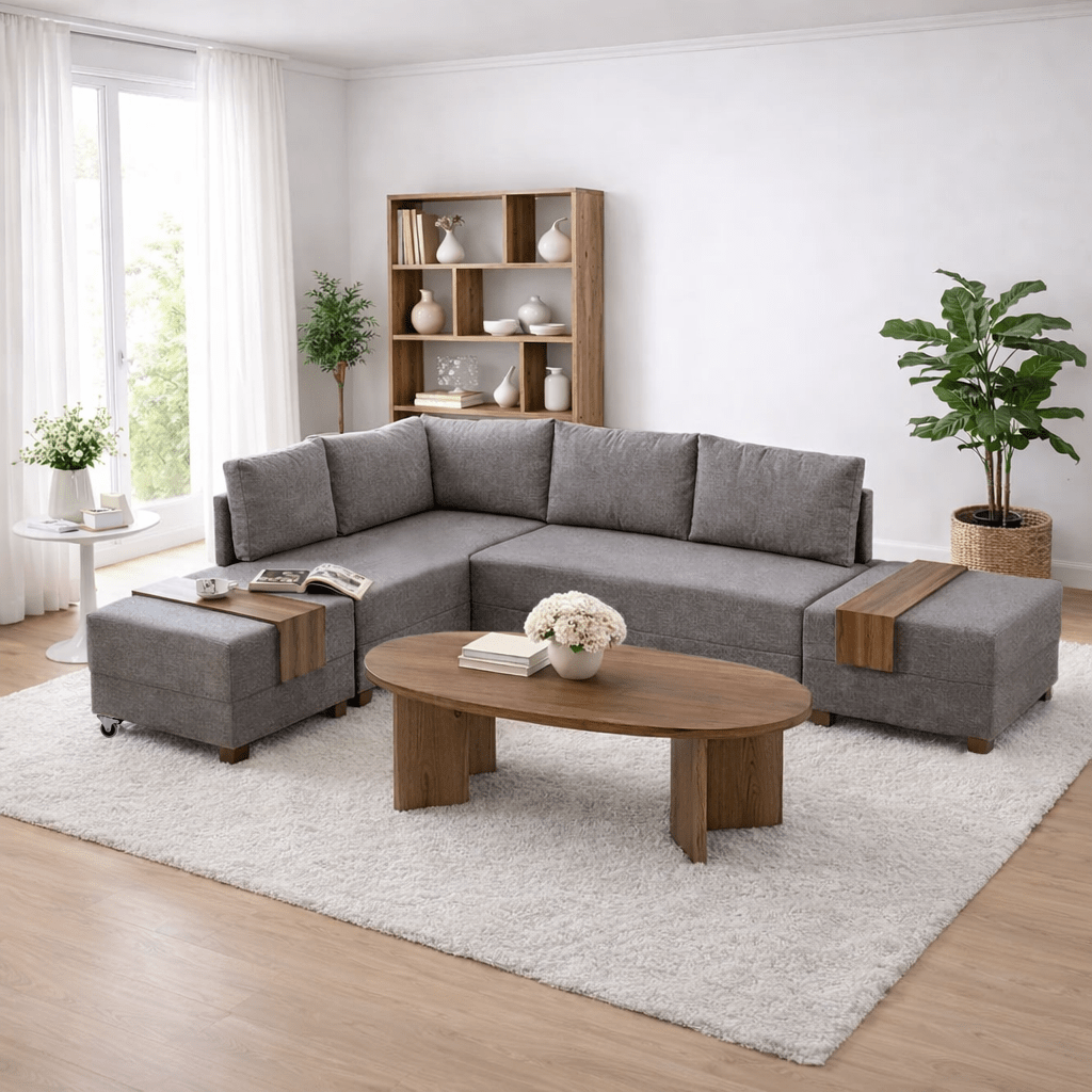 Sofa bed taupe fabric - XXL 280 x 210 - Left - Fly