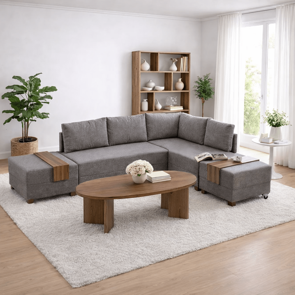 Sofa bed taupe fabric - XXL 280 x 210 - Right - Fly