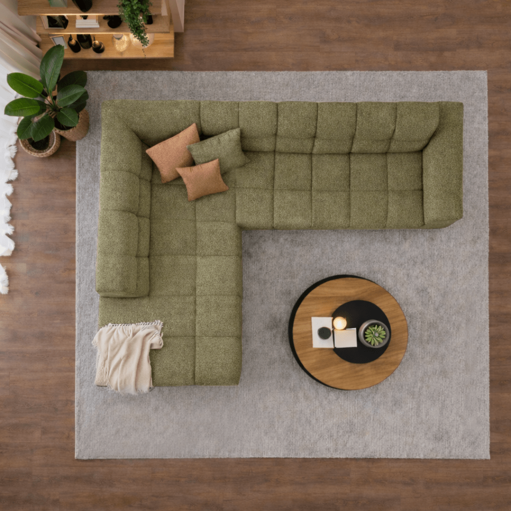 Corner sofa with lounge in olive green bouclé fabric Nova – left