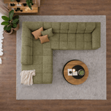 Corner sofa with lounge in olive green bouclé fabric Nova – left