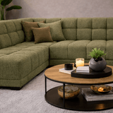 Corner sofa with lounge in olive green bouclé fabric Nova – left
