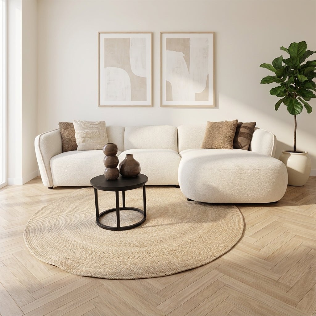 Sophie Bouclé Beige Corner Sofa | Right 2.5-seater – Dimehouse