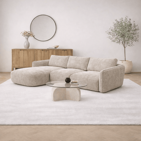 Corner sofa chaise longue beige textured fabric Dwayne - left