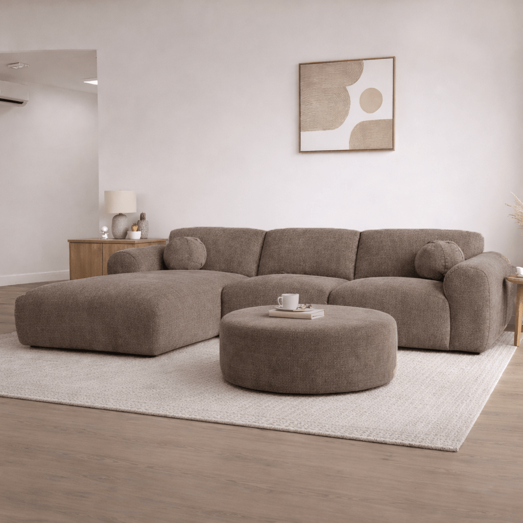 Corner sofa with chaise longue in taupe chenille fabric Shane – left