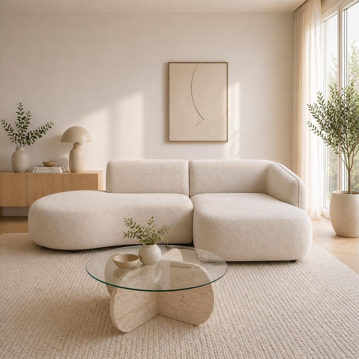 Sophie Corner Sofa Bouclé Right | Chaise Longue + Ottoman – Dimehouse