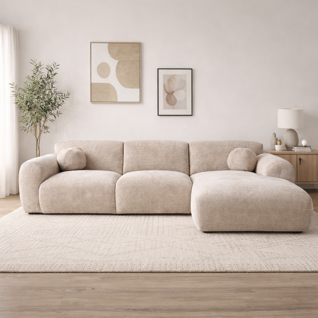 Hoekbank beige chenille stof met lounge Shane - rechts