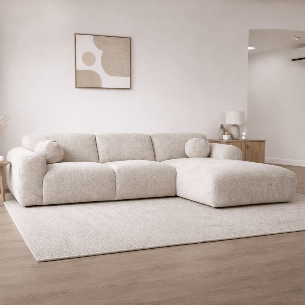 Corner sofa with chaise longue in beige chenille fabric Shane – right