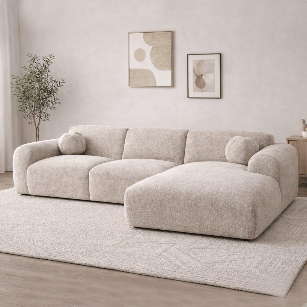 Corner sofa with chaise longue in beige chenille fabric Shane – right