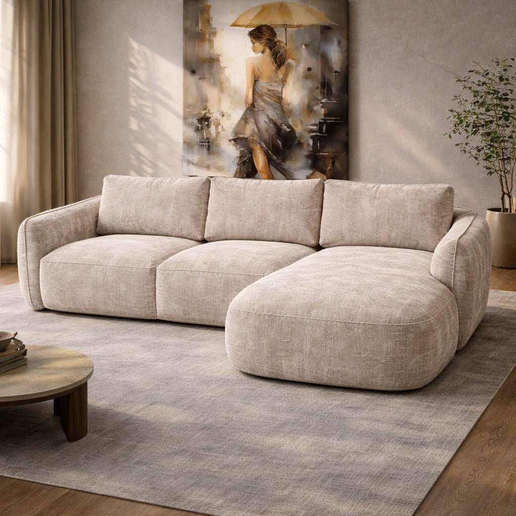Corner sofa chaise longue beige textured fabric Dwayne - right