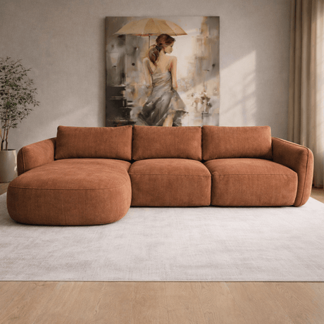 Corner sofa chaise longue copper structured fabric Dwayne - left