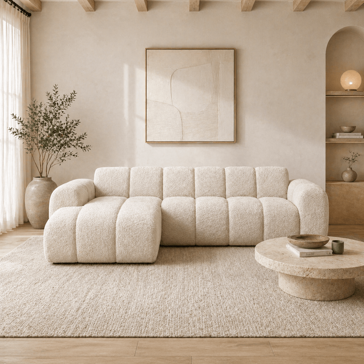 Corner sofa with lounge beige bouclé fabric - stripes - left - Brix