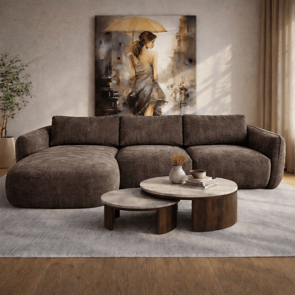 Corner sofa chaise longue mocha brown textured fabric Dwayne - left