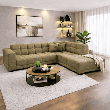 Hoekbank met lounge olijf groen bouclé stof Nova - rechts