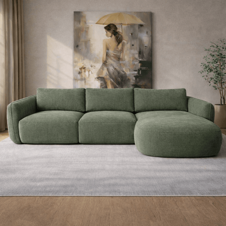 Corner sofa chaise longue olive green textured fabric Dwayne - right