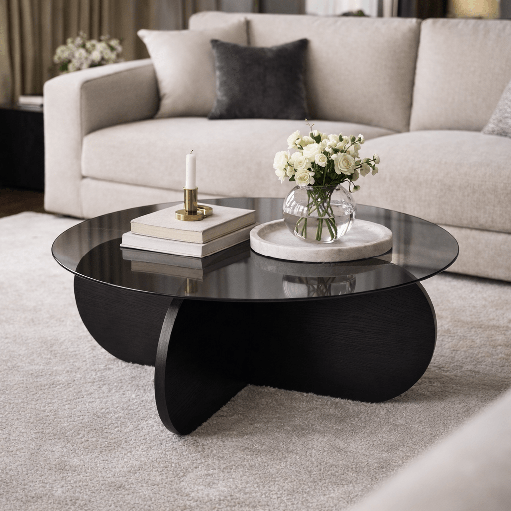 Aris Round Coffee Table 75 cm Glass - Black Base 