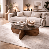 Round Coffee Table Glass Aris - Walnut Melamine Base 