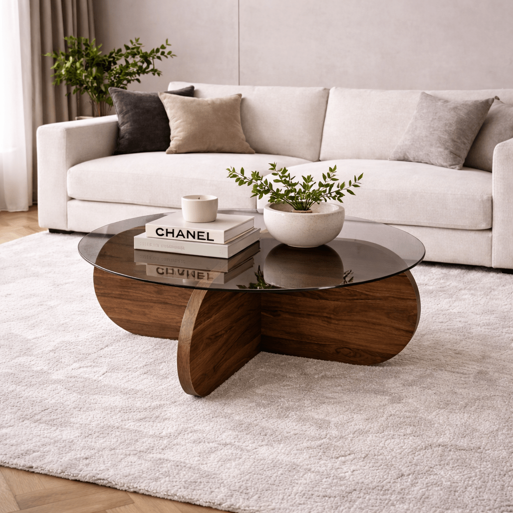 Round Coffee Table Glass Aris - Walnut Melamine Base 