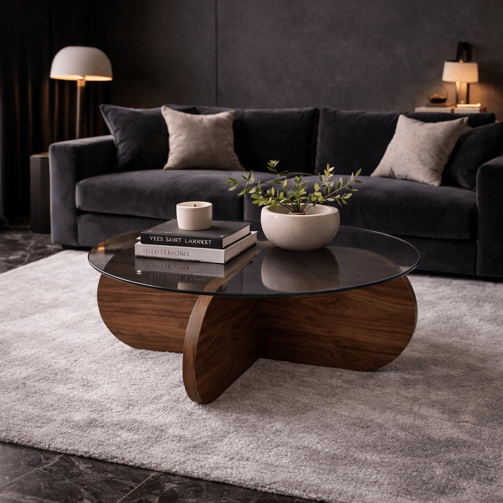 Round Coffee Table Glass Aris - Walnut Melamine Base 