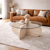 Aris Round Coffee Table 75 cm Glass - Travertine Base 