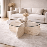 Aris Round Coffee Table 75 cm Glass - Travertine Base 