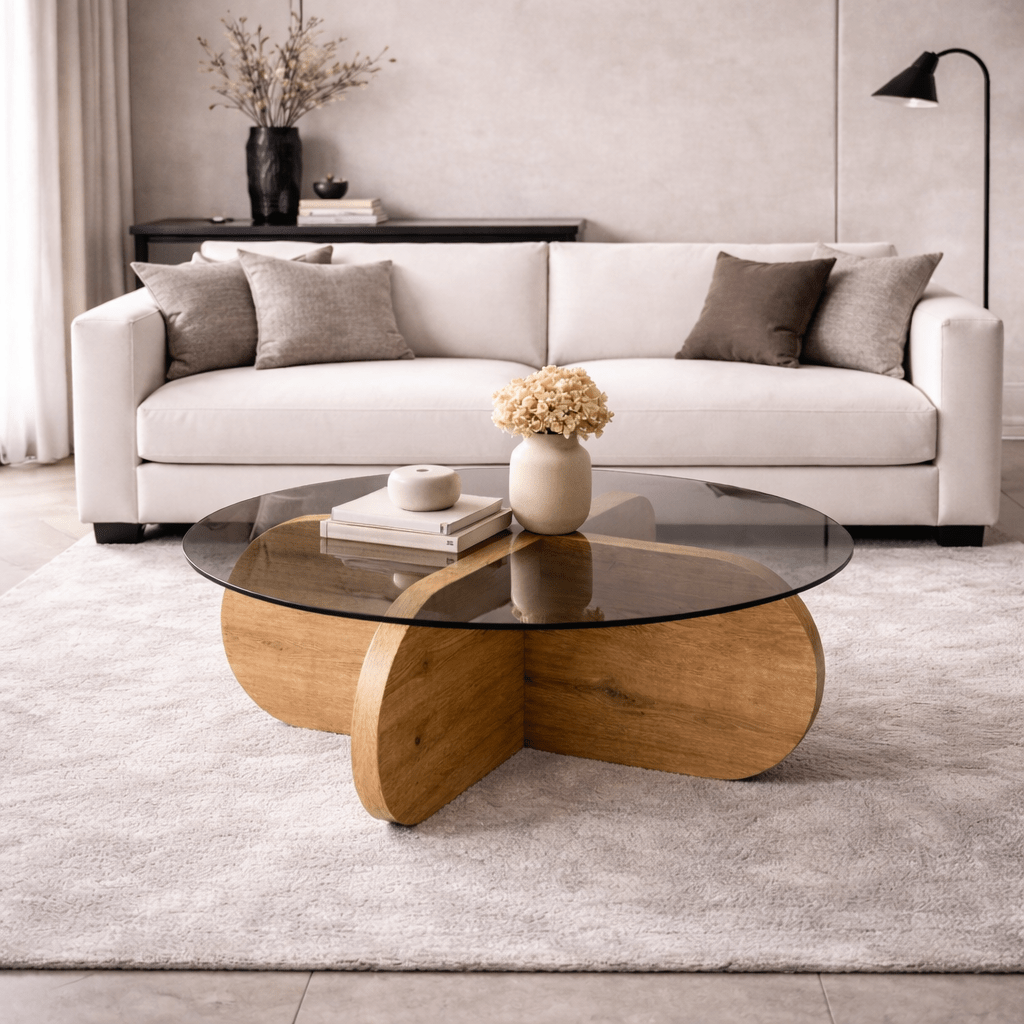 Aris Round Coffee Table 75 cm Tinted Glass - Melamine Oak 