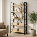 Industrial bookcase oak melamine Ely - black frame - 180x90 cm
