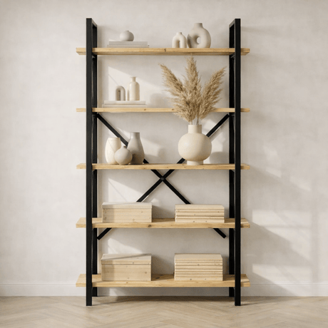 Industrial bookcase oak melamine Ely - black frame - 180x90 cm