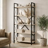 Industrial bookcase travertine melamine Ely - black frame - 180x90 cm