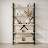 Industrial bookcase travertine melamine Ely - black frame - 180x90 cm