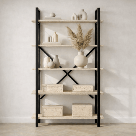 Industrial bookcase travertine melamine Ely - black frame - 180x90 cm