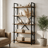 Industrial bookcase walnut melamine Ely - black frame - 180x90 cm