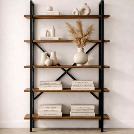 Industrial bookcase walnut melamine Ely - black frame - 180x90 cm