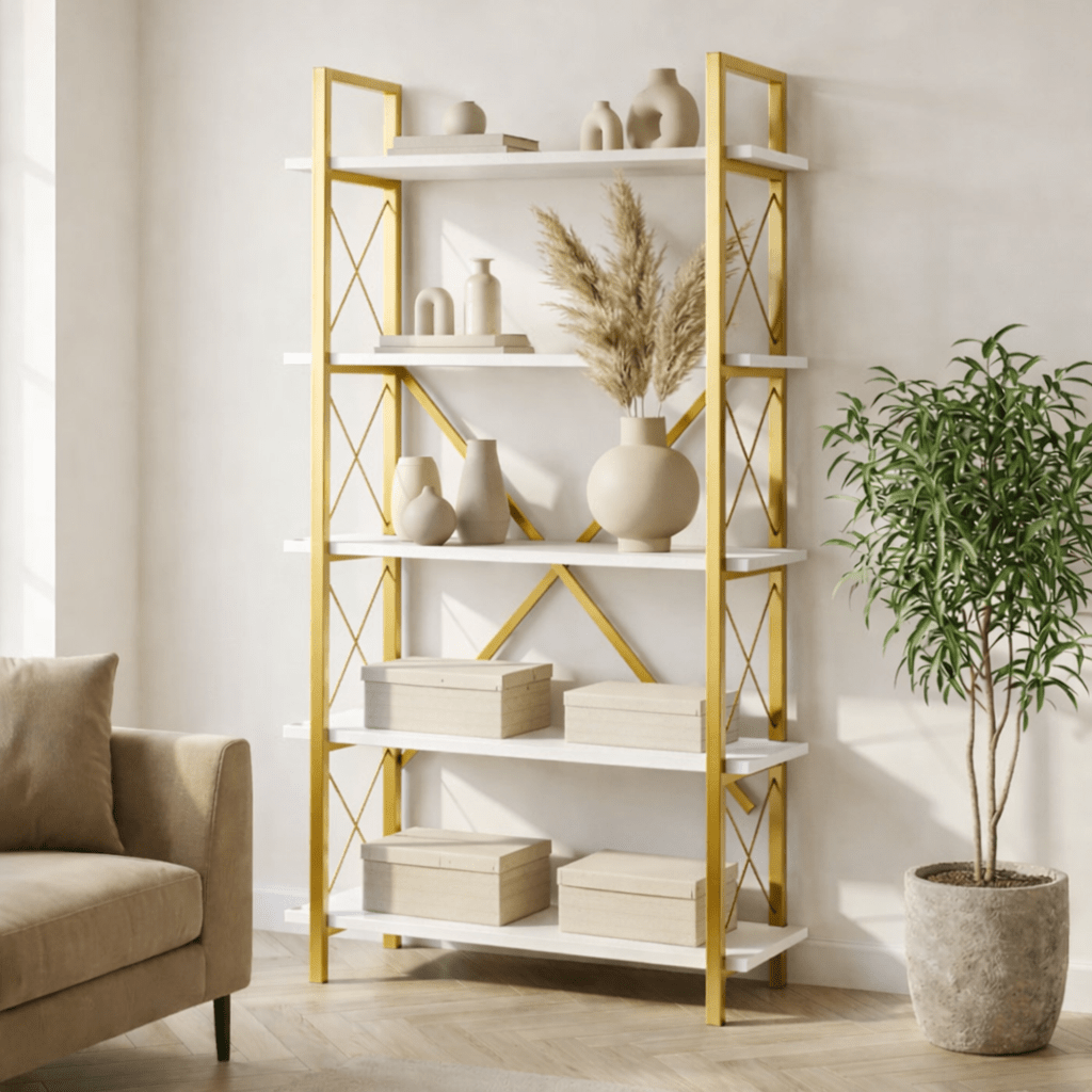 Modern bookcase white melamine Ely - Golden Frame - 180x90 cm