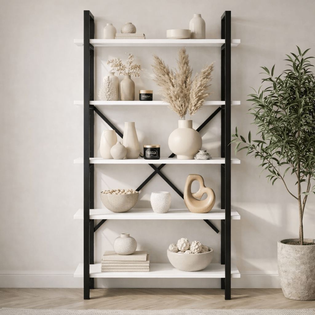 Industrial bookcase white melamine Ely - Black Frame - 180x90 cm