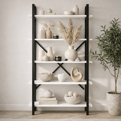 Industrial bookcase white melamine Ely - Black Frame - 180x90 cm