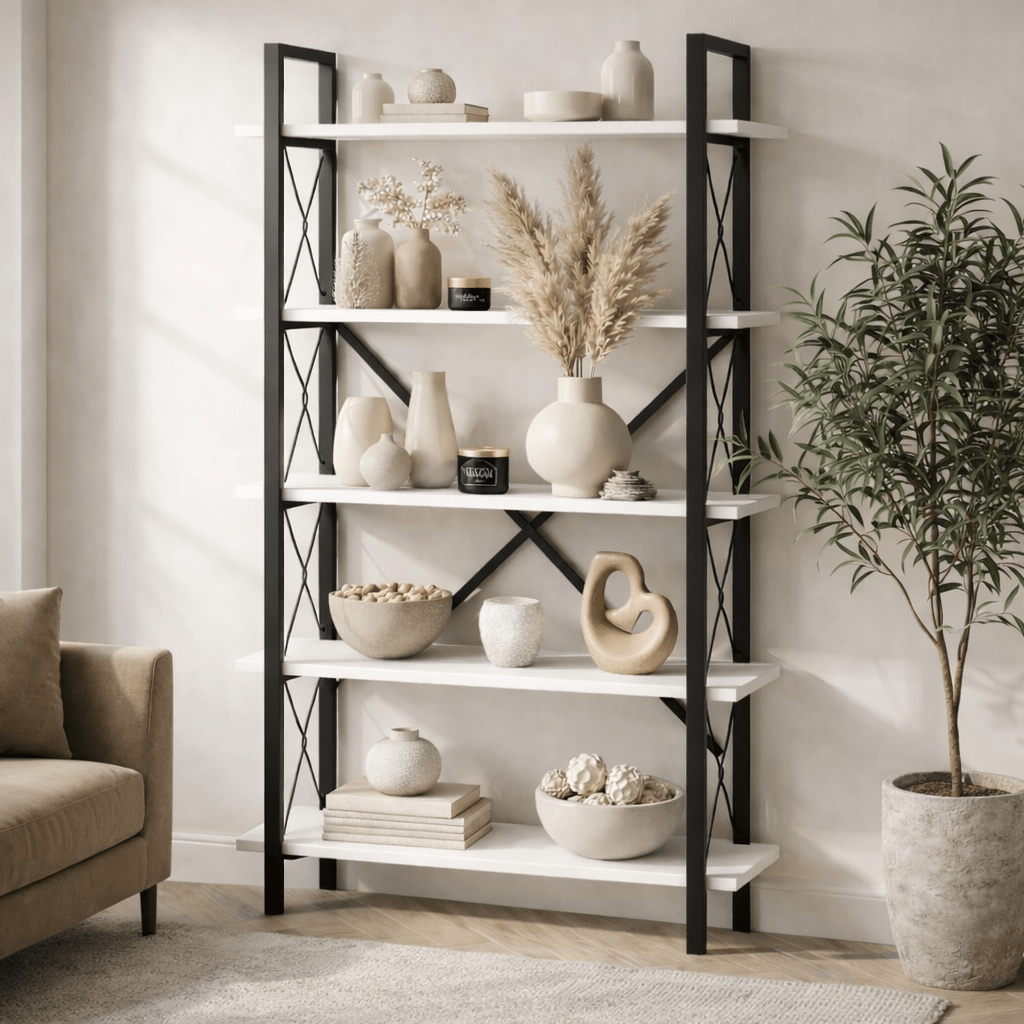 Industrial bookcase white melamine Ely - Black Frame - 180x90 cm
