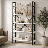 Industrial bookcase white melamine Ely - Black Frame - 180x90 cm