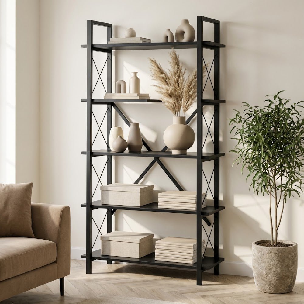 Industrial bookcase black melamine Ely - Black Frame - 180x90 cm