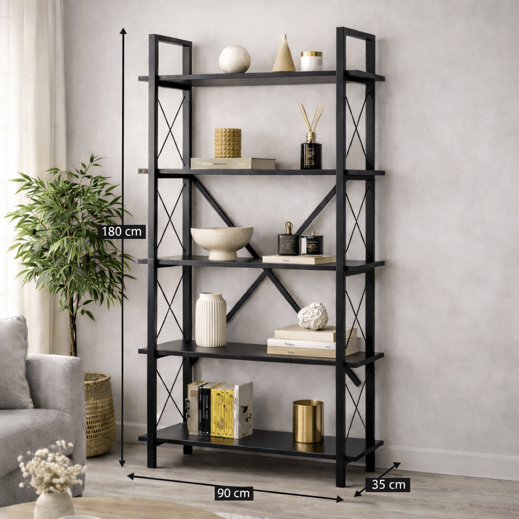 Industrial bookcase black melamine Ely - Black Frame - 180x90 cm