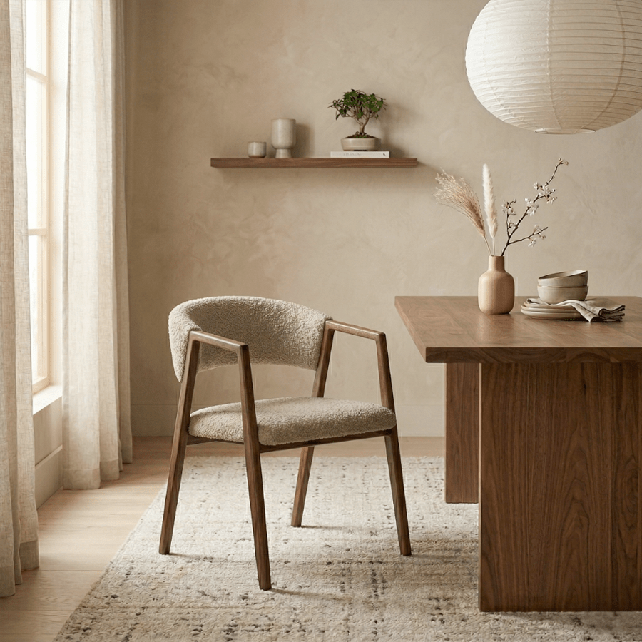 Japandi dining chair sand bouclé Kyo - walnut frame - with armrests